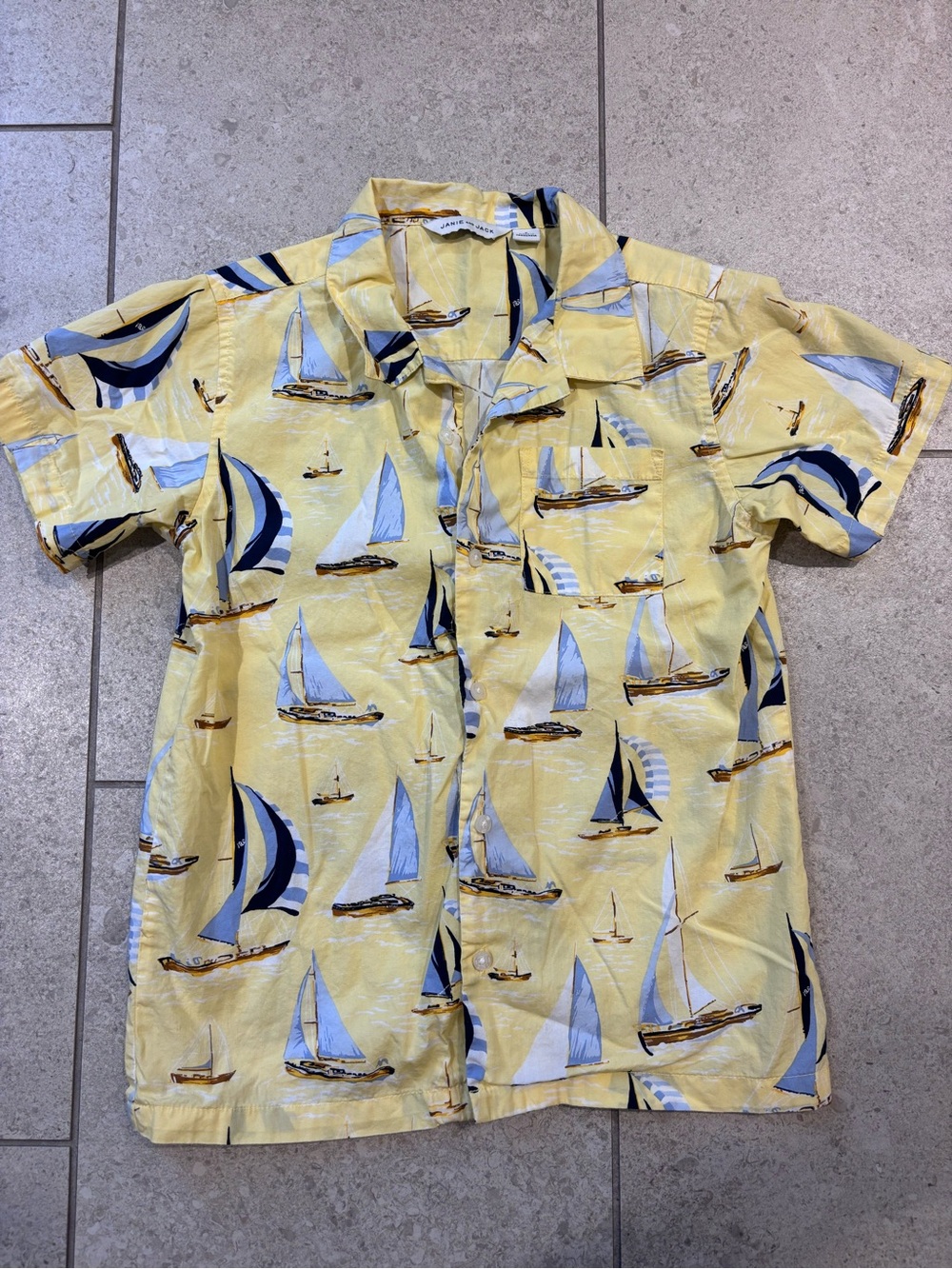 Janie and Jack Yellow Sailboat Camp Shirt with Blue Accents